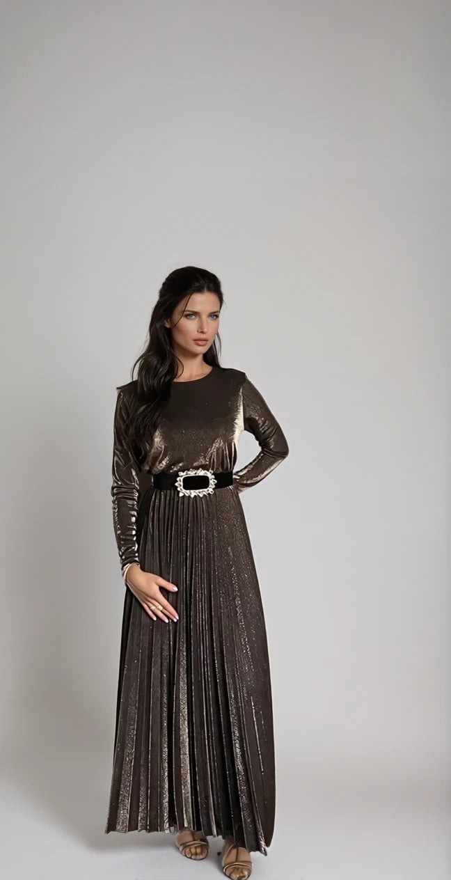 Gouden Velvet Maxi-jurk met Strass Riem