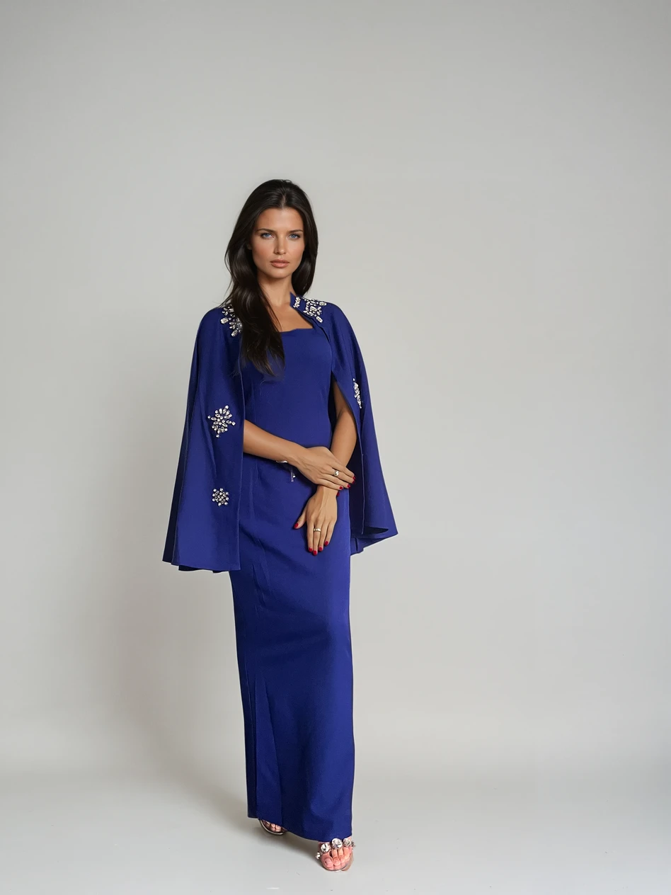 Koningsblauwe Maxi-jurk met Poncho