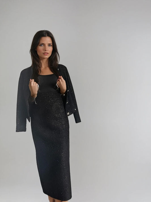 Black Chic Tweed Set – Short Coat &amp; Long Skirt