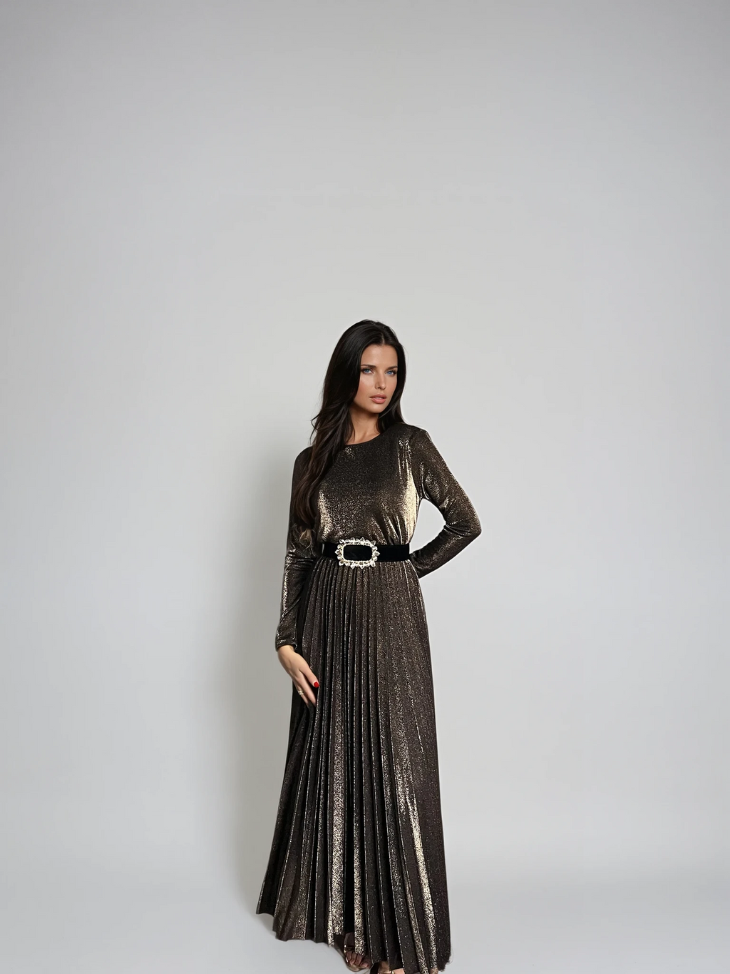 Gouden Velvet Maxi-jurk met Strass Riem